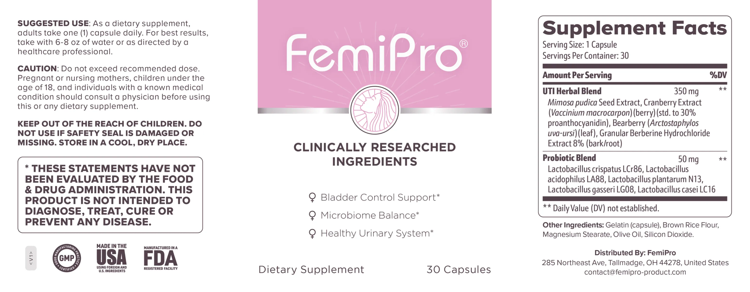 FemiPro Supplement Facts Label